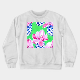 Pink flowers in ginger jars on green background Crewneck Sweatshirt